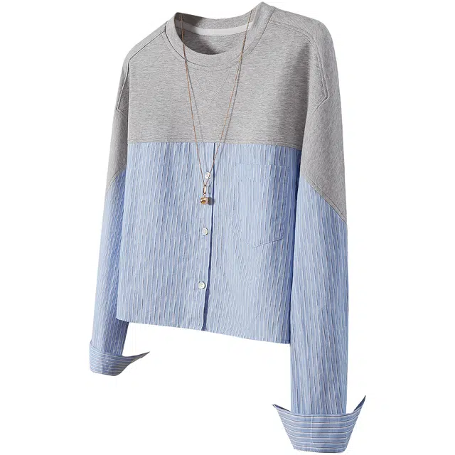 她池 圆领通勤简约撞色拼接长袖衬衫 女款