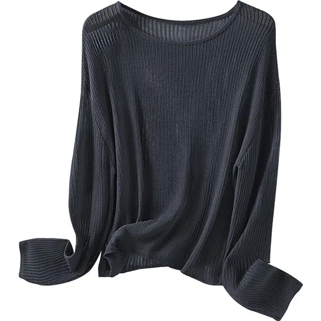 丝柏舍 纯色薄款镂空圆领落肩长袖简约短款直筒休闲针织衫 女款