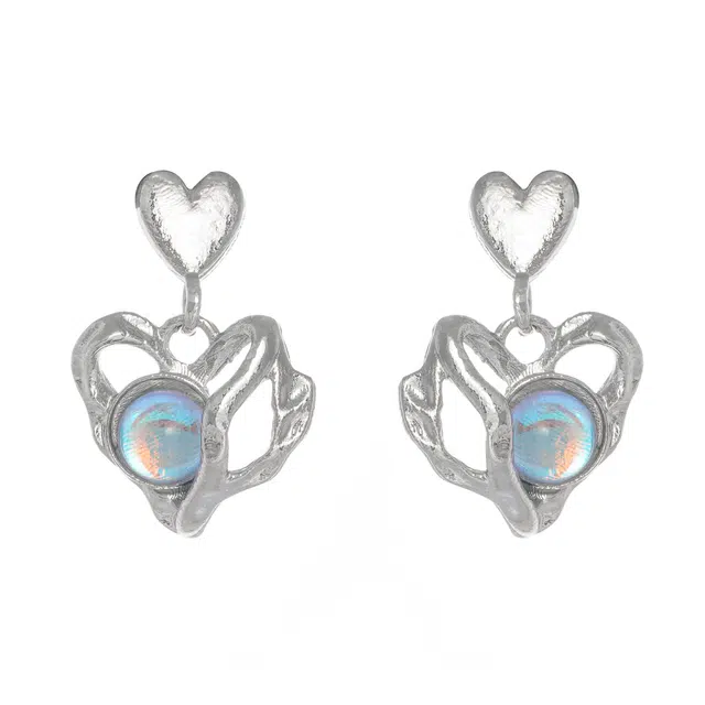 澜耀 银焰锁心 不规则扭纹爱心彩光 小众设计轻奢高级 铜合金 耳环 女款