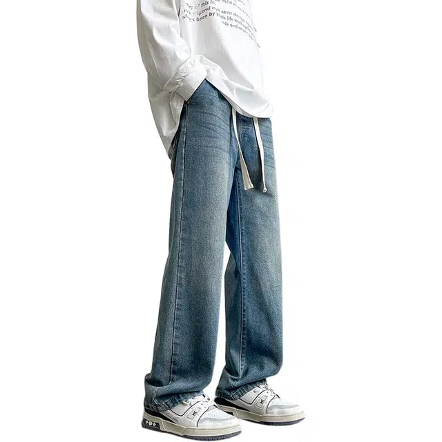 协协乐 高街美式复古做旧水洗春秋季潮牌宽松青少年阔腿拖地裤百搭休闲长裤牛仔裤 男款