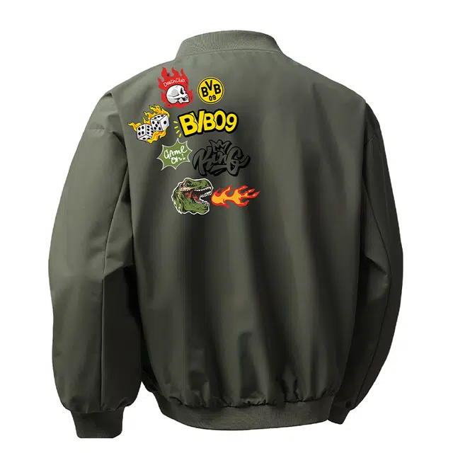 普鲁士多特蒙德 美式街头拼接多印花飞行员小众个性设计百搭防风宽松翻领学院风长袖夹克 男女同款