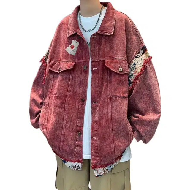 北极绒 复古拼接男女春秋季宽松设计感小众休闲百搭工装夹克复古拼接宽松纯色常规潮牛仔外套 男款