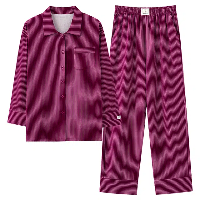俏霓桐 春秋季复古时尚条纹高级感优雅纯棉亲肤带胸垫长袖长裤家居服可外穿睡衣套装 女款