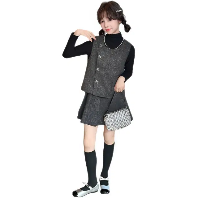 儿童款 木木兔裙装套装 时髦洋气秋季女童裙子 大童 小香风蝴蝶结三件套 柔软百搭潮流青春时尚