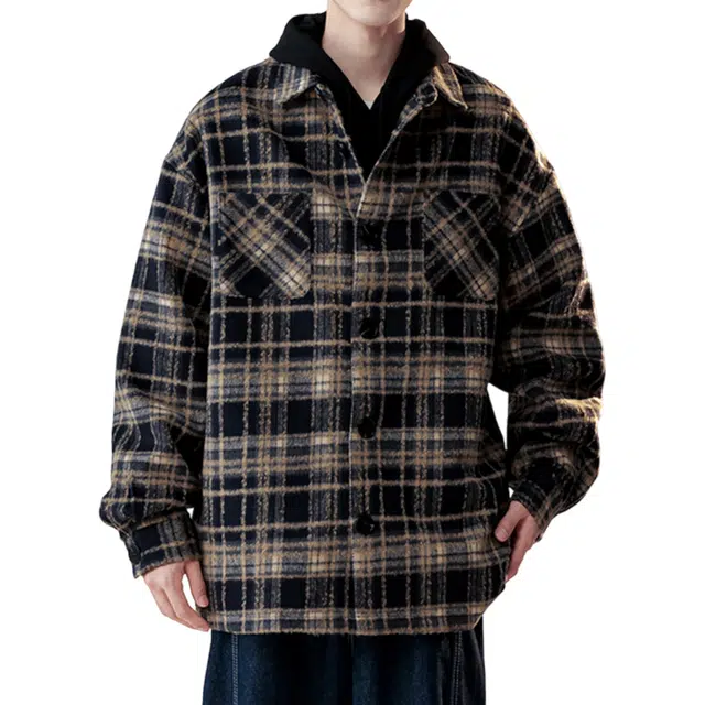 冈哉 多彩格子拼接小香风衬衣外套单排扣翻领设计美式复古日常通勤百搭户外休闲学院风长袖衬衫 男女同款