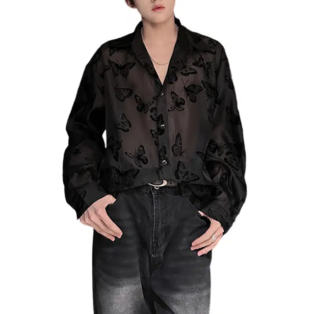 冈哉 美式复古蝴蝶满印薄款翻领帅气长袖衬衫 男女同款