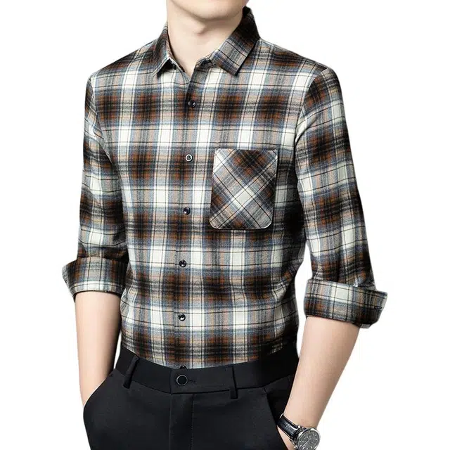 太子龍 休闲磨毛格子百搭长袖衬衫 男款