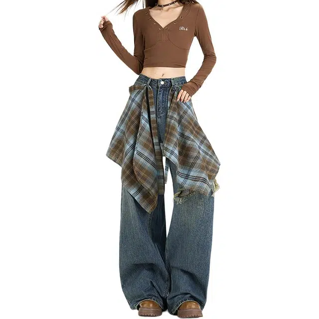 如续 设计感屁帘假破洞阔腿女秋高腰宽松显瘦拖地裤牛仔裤 女款