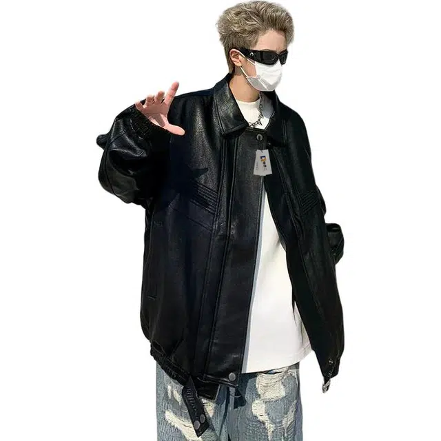 地界二 时尚复古外套春秋季机车街头潮牌痞帅宽松炸街翻领复古外套春秋季纯色夹克 男款