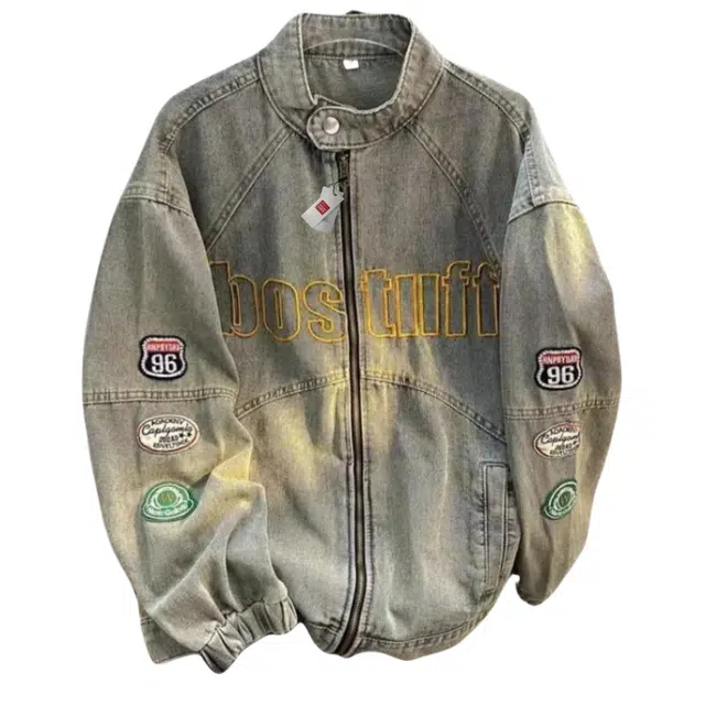 北极绒 潮牌刺绣高级感短款机车服夹克上衣刺绣高级感短款字母落肩袖长袖翻领宽松型美式牛仔外套 男款