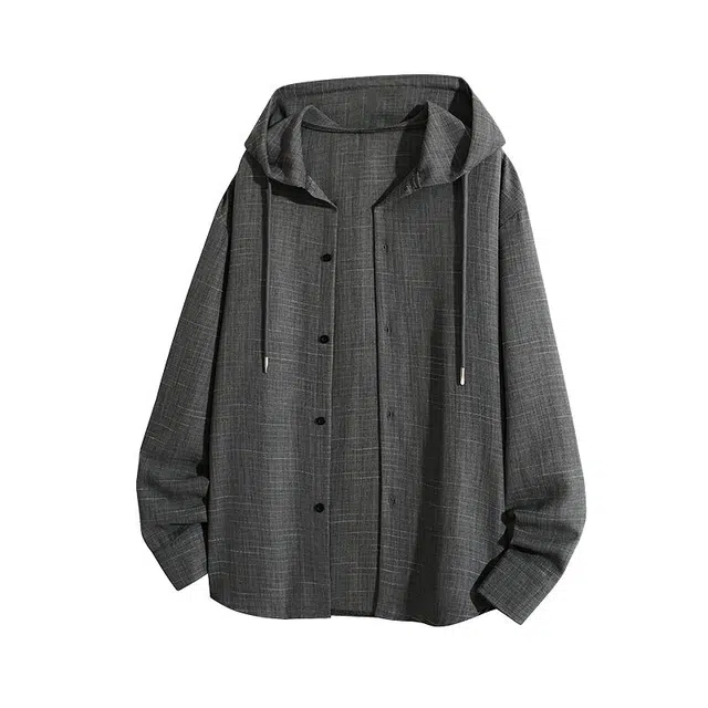 艾梵斯贝 美式复古潮流纯色连帽抽绳法式慵懒风日常通勤百搭高级感显瘦宽松休闲简约松弛感长袖开衫衬衫 男女同款