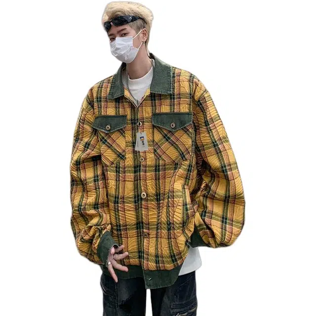 地界二 复古美式拼接格子撞色翻领男街头小众宽松高级感外套拼接格子撞色宽松夹克 男款