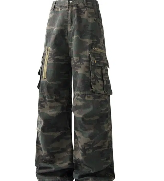 地界二 美式复古口袋工装迷彩拉链设计感小众运动宽松嘻哈长裤牛仔裤 男款