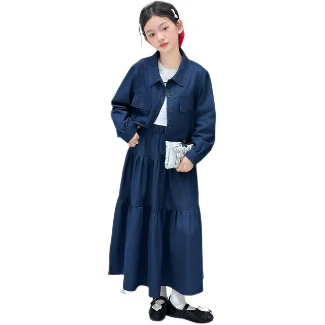 儿童款 木木兔裙装套装 时髦洋气秋季女童裙子 大童 学院风牛仔裙两件套 柔软百搭潮流青春时尚