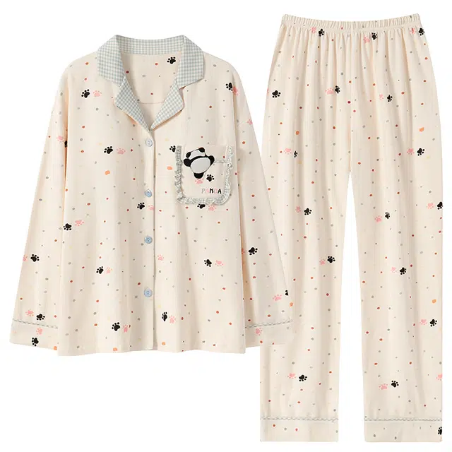 俏霓桐 简约可爱卡通熊猫甜美格纹休闲舒适亲肤带胸垫长袖长裤家居服可外穿春秋季睡衣套装 女款