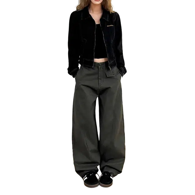 一碗士多 拖地纯色弯刀潮流直筒裤美式复古个性设计感小众宽松长裤日常百搭垂感好韩系氛围感穿搭牛仔裤 男女同款