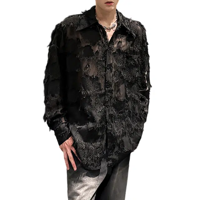 冈哉 美式高街镂空花海流苏拼接纯色设计小众潮流时尚网纱提花薄款外套冰丝轻熟风长袖衬衫 男女同款