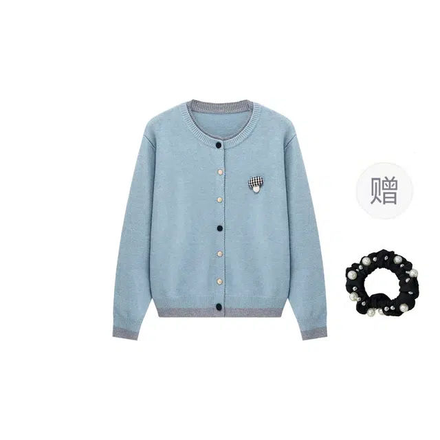 雾闪闪 假两件开衫圆领纯色长袖针织衫 女款