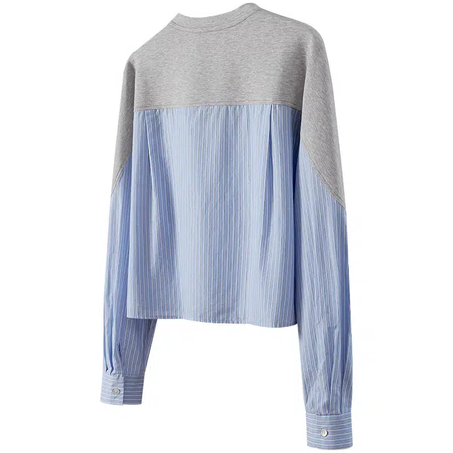 她池 圆领通勤简约撞色拼接长袖衬衫 女款