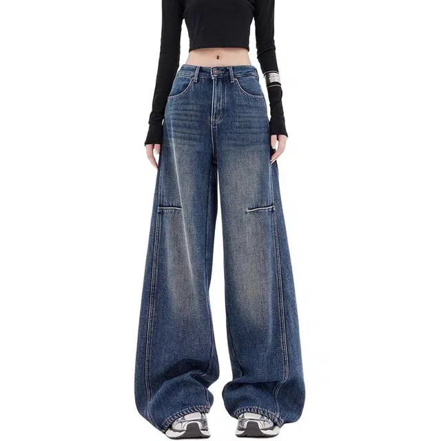 柏黛妃 美式潮流古阔腿女春秋季设计感宽松显瘦拖地潮牛仔裤 女款