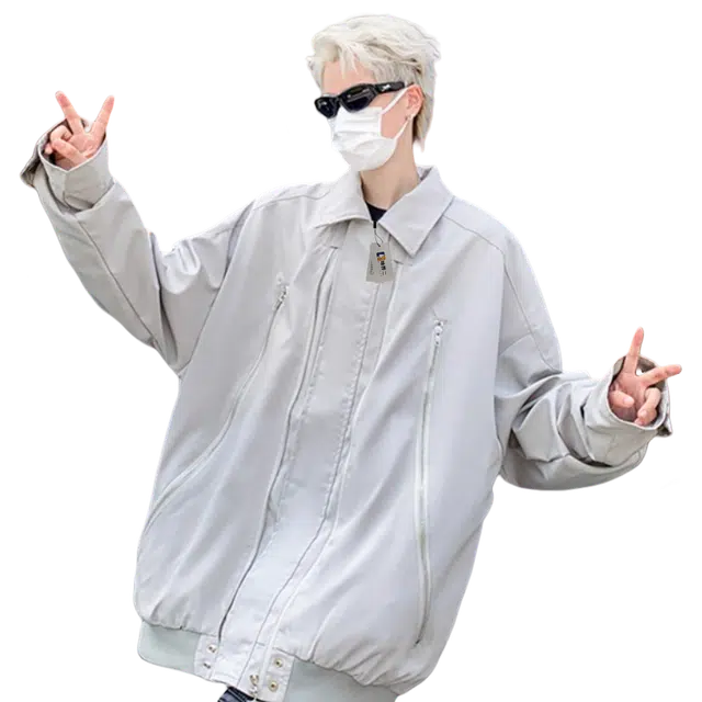 地界二 高街痞帅拉链飞行员男街头美式设计感潮牌宽松棒球服休闲外套拉链飞行员街头纯色夹克 男款