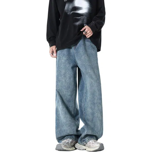 么宁 美式高街复古水洗做旧宽松直筒裤简约百搭个性痞帅潮牌长裤耐穿耐磨阔腿休闲牛仔裤 男女同款