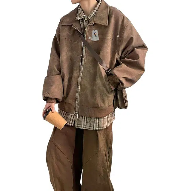 地界二 复古高街麂皮绒纯色外套男痞帅宽松百搭美式机车飞行员麂皮绒纯色痞帅夹克 男款