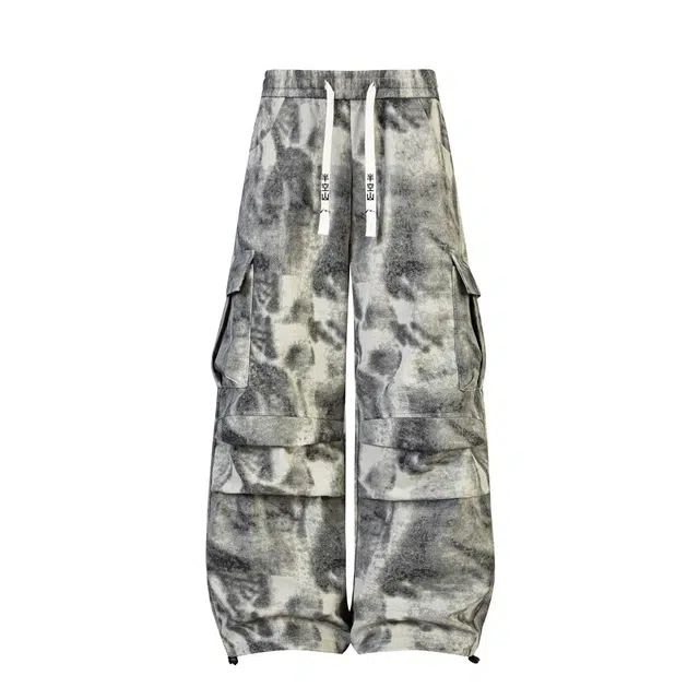 半空山 美式复古高街工装大口袋扎染褶皱拼接高级感设计脚部抽绳调节抗皱免烫垂坠感宽松百搭直筒休闲裤 男女同款