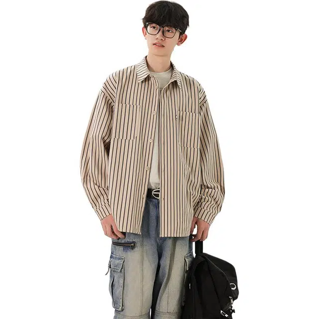 冈哉 美式复古基础款撞色大间隔竖条纹翻领叠穿潮搭垂感痞帅宽松少年感舒适打底内搭外穿秋款长袖衬衫 男女同款