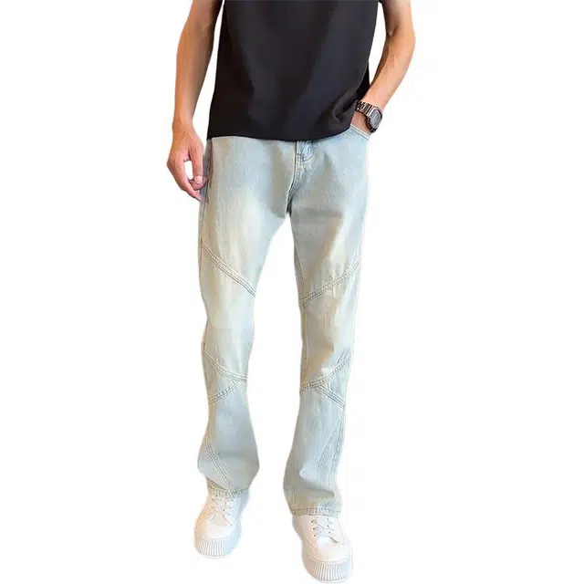 单爵 拼接微喇裤男秋季修身显瘦显腿长裤子牛仔裤 男女同款