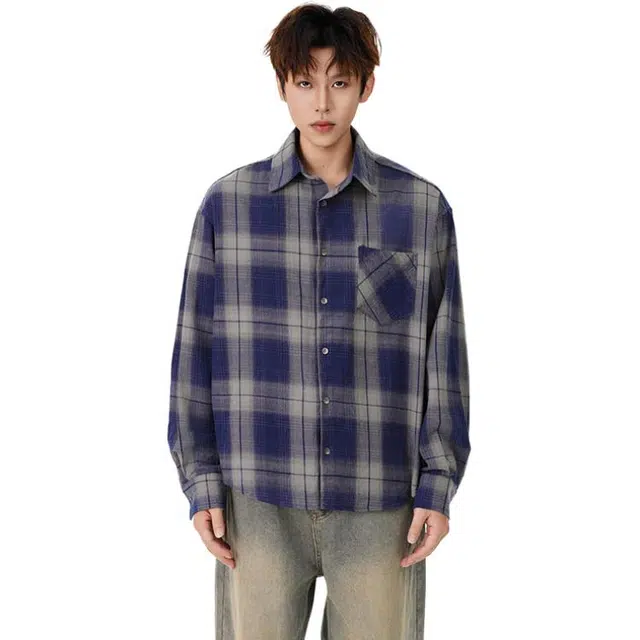 冈哉 美式复古基础款长袖渐变格纹大格子翻领叠穿潮搭垂感痞帅宽松少年感舒适打底内搭外穿秋款衬衫 男女同款