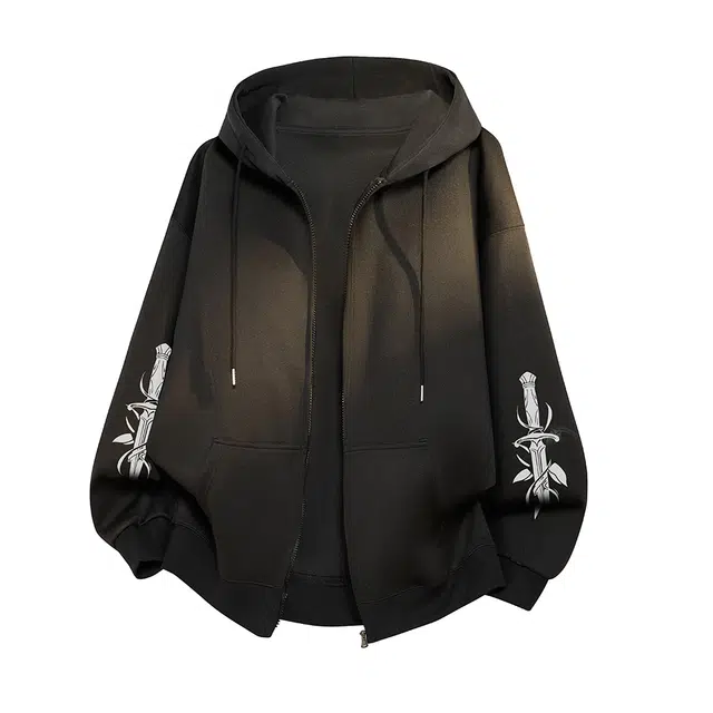 金贝勒 美式高街手绘创意小剑字母印花慵懒连帽宽松休闲百搭学院无性别主义开衫长袖卫衣 男女同款