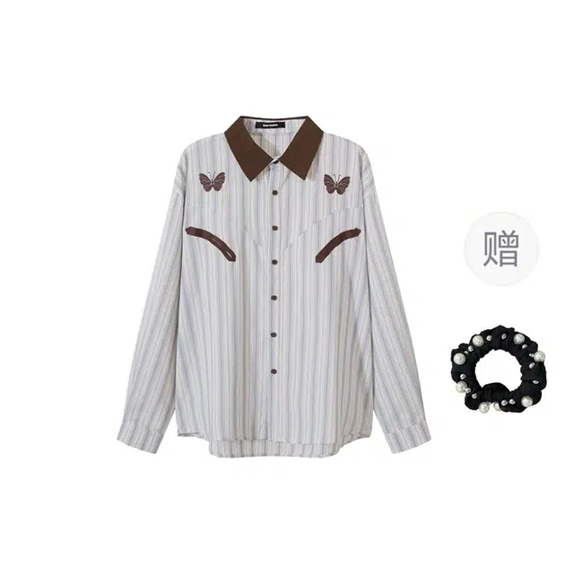 雾闪闪 温柔慵懒拼色条纹外套女宽松防晒衬衣长袖衬衫 女款