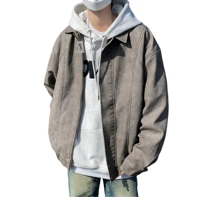 地界二 纯色麂皮绒翻领男日系简约复古宽松百搭青少年上衣服纯色麂皮绒翻领夹克 男款