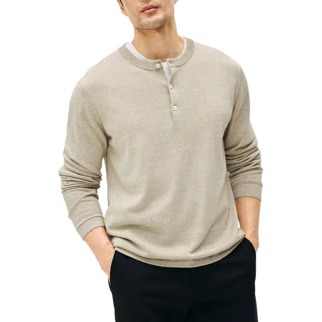 丹宁哲学 雨露亚麻羊毛交织 秋季轻奢亨利领针织衫 男款