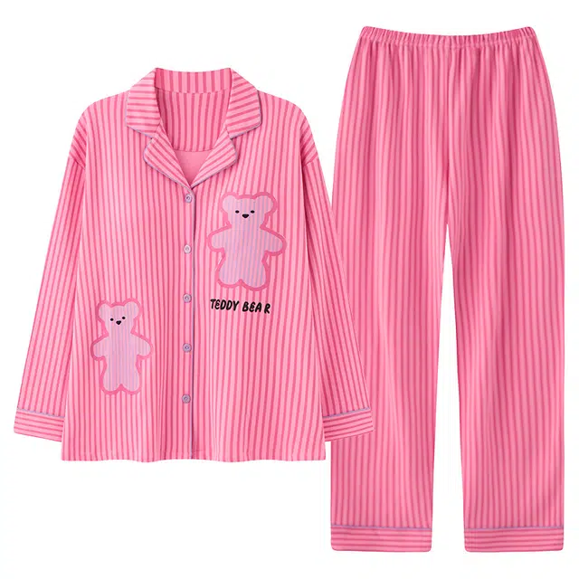 俏霓桐 春秋季甜美可爱小熊简约条纹休闲百搭舒适纯棉亲肤带胸垫长袖长裤家居服可外穿睡衣套装 女款