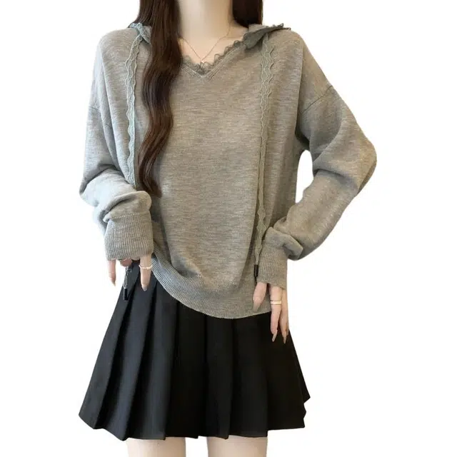 沐晓欣 早秋韩系连帽休闲长袖慵懒风罩衫上衣女针织衫 女款