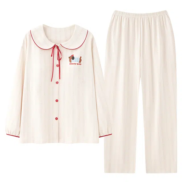 俏霓桐 春秋款可爱卡通腊肠狗甜美条纹少女风简约纯棉亲肤带胸垫长袖长裤家居服可外穿睡衣套装 女款