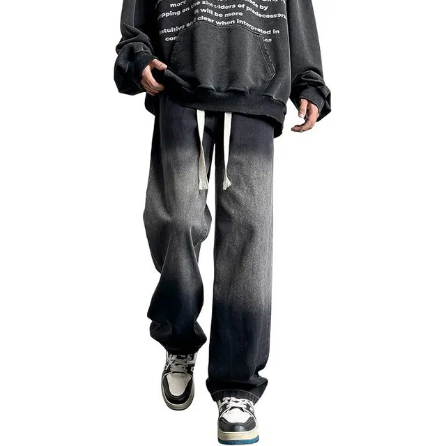 协协乐 渐变复古做旧水洗美式潮牌春秋季宽松阔腿拖地裤百搭休闲运动青少年长裤牛仔裤 男款