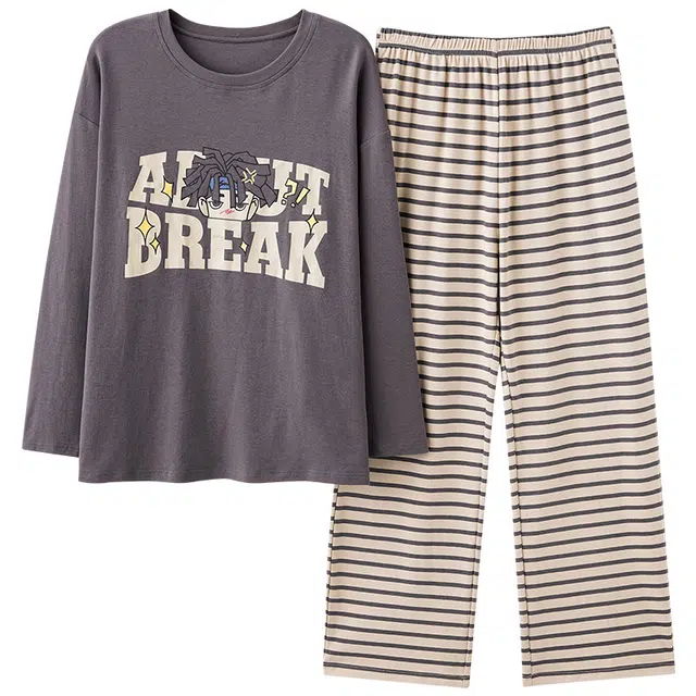 俏霓桐 春秋季可爱卡通简约条纹学生百搭休闲纯棉亲肤柔软圆领长袖长裤家居服可外穿睡衣套装 男款