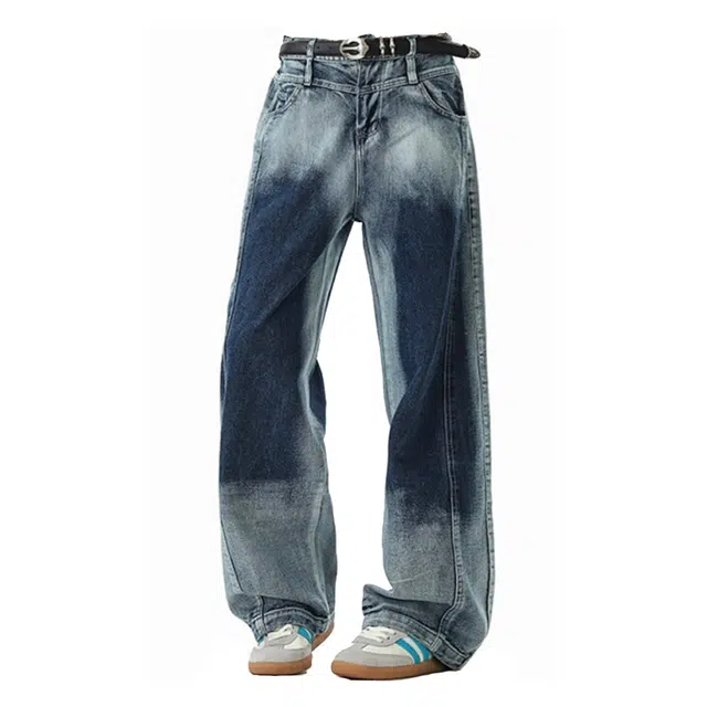 艾梵斯贝 美式复古潮流高级感做旧水洗解构拼接潮酷无性别高街风简约时尚百搭个性街头宽松休闲牛仔裤 男女同款