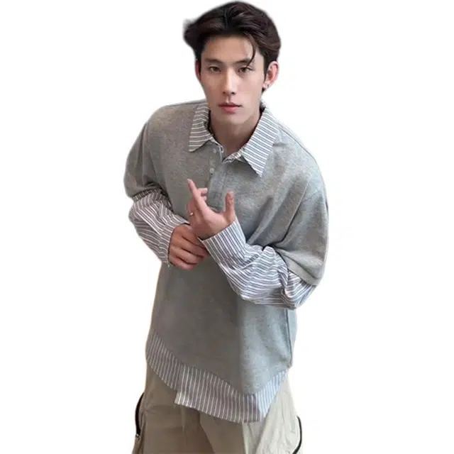 单爵 高智感穿搭男秋季长袖假两件条纹拼接卫衣 男女同款