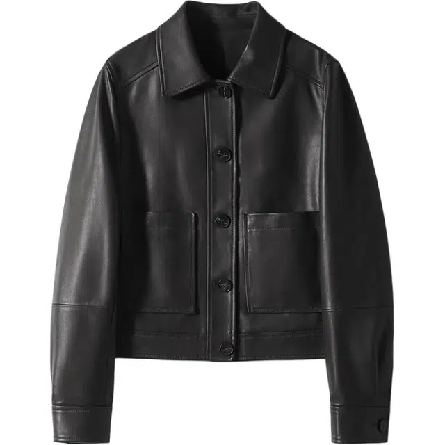 比利斯山羊 时尚休闲翻领短款双口袋真皮皮衣 女款