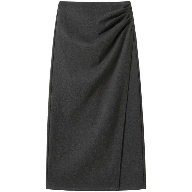 她池 通勤简约设计感捏褶纯色中长款包臀休闲长裙 女款