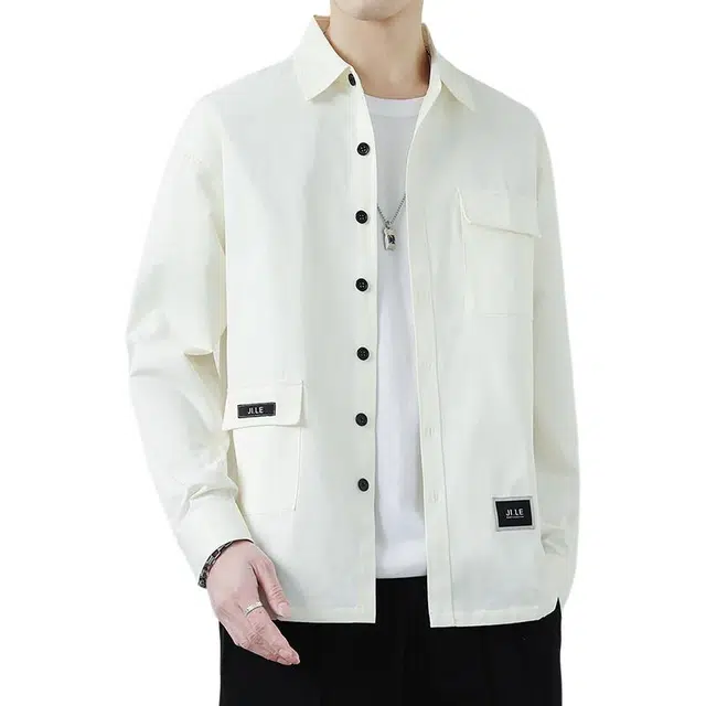 协协乐 美式长袖春秋潮牌高级感痞帅拼接小口袋宽松翻领衬衣设计感小众款衬衫 男款