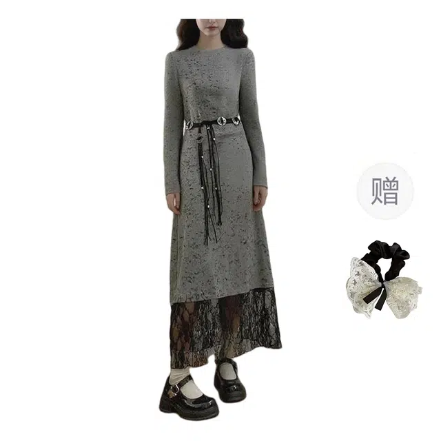 涂诗菲 大码法式针织拼接网纱气质修身显瘦长袖连衣裙 女款