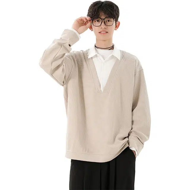 冈哉 假两件韩版衬衫领纯色拼接华夫格百搭宽松松弛慵懒感个性学院风日常通勤柔软舒适亲肤休闲长袖卫衣 男女同款