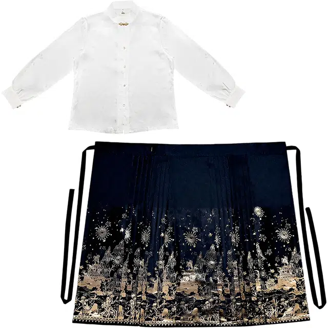 荟萃阁 新中式缎面纯色长袖衬衫民族风一片式织金刺绣马面裙裙装套装 女款