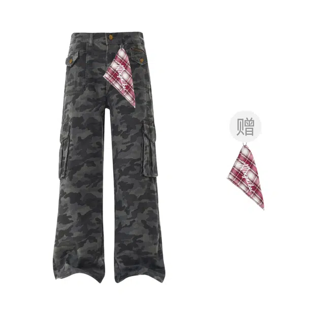 明尼凯 美式复古嘻哈街头风迷彩多口袋裤子潮牌设计感小众高级感痞帅修身直筒显高显瘦长裤百搭垂感拖地伐木工装牛仔裤 男女同款