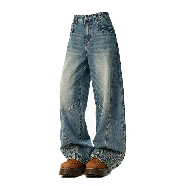 艾梵斯贝 美式复古潮流做旧水洗解构拼接弯刀裤小众设计感无性别潮酷时尚街头日常通勤百搭高街风个性休闲牛仔裤 男女同款